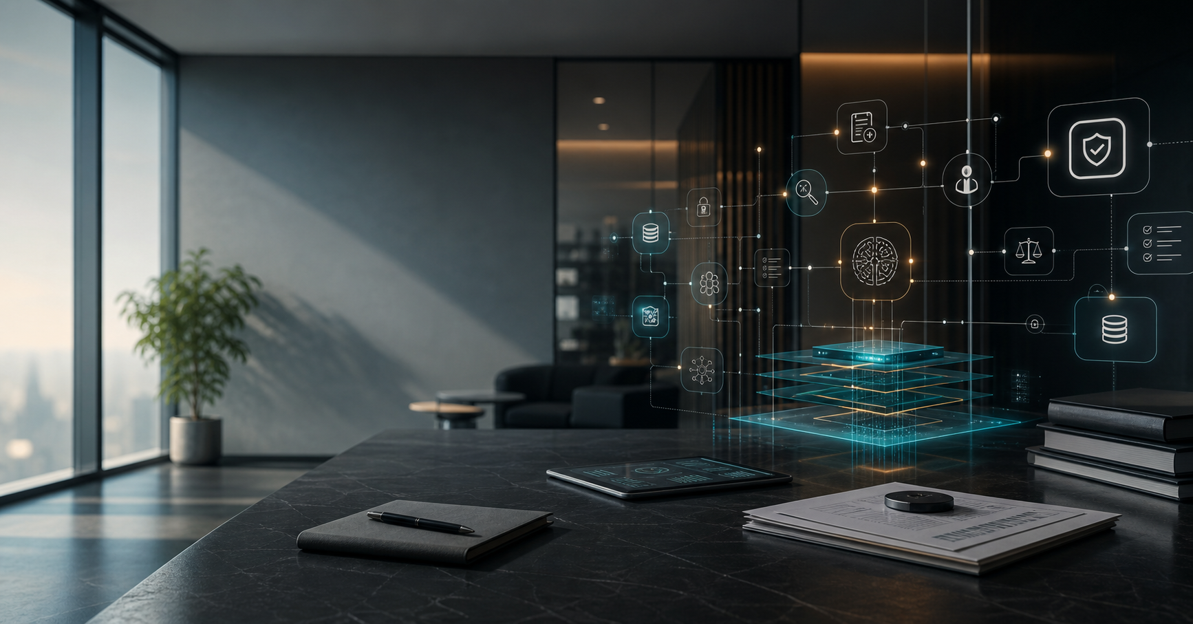 Abstract visualization of AI governance, control points, and data flows
